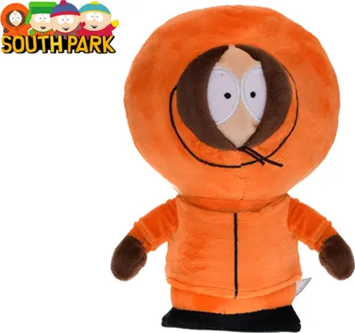 A plush toy of Kenny from South Park is shown against a white background. The South Park logo is visible in the top left corner.