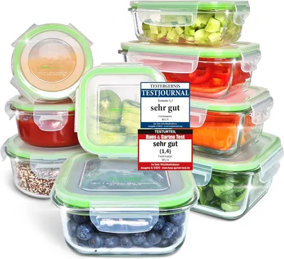 Produktbild von Fresh Master Frischhaltedose Set 18 tlg. Borosililatglas, (370 ml, 640 ml, 1.050 ml, 1.520 ml rechteckig mit Deckel, 320 ml, 800 ml quadratisch mit Deckel, 210 ml, 400 ml, 650 ml rund mit Deckel)