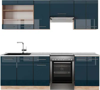 Produktbild von Küchenzeile Vicco Fame-Line Dunkelblau Hochglanz/Goldkraft Eiche 240 cm , AP Marmor, Model 49780