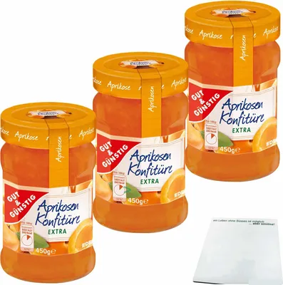Produktbild von Gut & Günstig Aprikosen Konfitüre extra mit vollem Aprikosen-Aroma und 50% Frucht 3er Pack (3x450g Glas) + usy Block