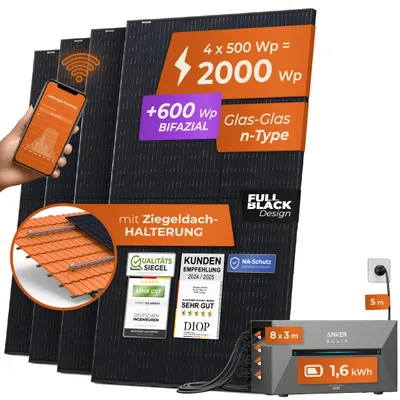 Produktbild von Solarway® Balkonkraftwerk mit Speicher 2000W komplett Steckdose - 1,6kWh Anker Solix 2 PRO - Solaranlage - 500W Solarmodule & Ziegeldach Halterung