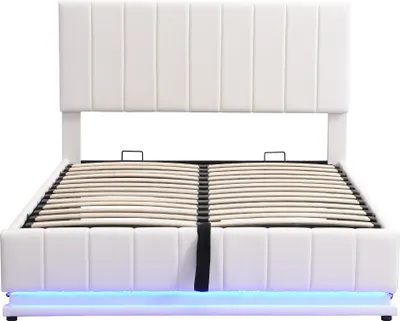 Produktbild von Merax Hydraulisches Boxspringbett 140 x 200cm mit Bettkasten und LED-Beleuchtung, Polsterbett mit höhenverstellbarem Kopfteil und Metalllattenrost, Straumbett Doppelbett aus Kunstleder, Beige