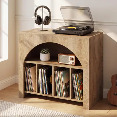 Produktbild von Beistelltisch, 80 cm Nachttisch für Schallplatten, 2-stöckiger Plattenspielerständer für 370 Schallplatten, Vinyl-Schrank in halbkreisförmigem Design