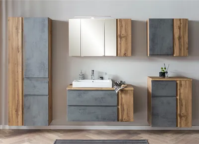 Produktbild von Badmöbel Set mit Aufsatzleuchte und Keramik-Aufsatzbecken, Wotan Eiche Nb. mit Betonoptik, VASTO-03-CONCRETE, B/H/T ca. 265/200/47 cm