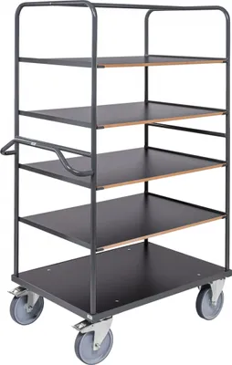 Produktbild von Kongamek ergonomischer Etagenwagen in dunkelgrau 1300x800x1800mm mit 5 Etagen, Gummibereifung und Bremse