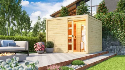 Produktbild von Karibu Saunahaus Außensauna Gartensauna Cuben unbehandelt ohne Zubehör 38mm Massivholz 276x276x210 cm