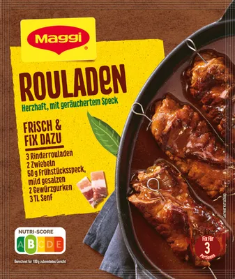 A package of Maggi Fix for Rouladen with a picture of the prepared dish.