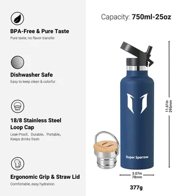 Imagen del producto de Botella de agua Super Sparrow, acero inoxidable, 750 ml, botella térmica para correr y deportes