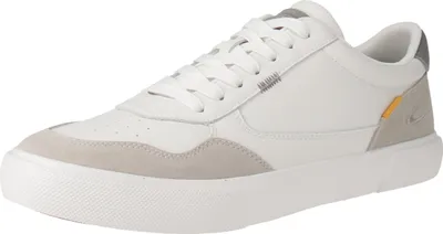 A single white sneaker with tan and gray accents is shown against a white background.