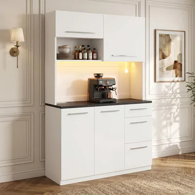 Obrázek produktu pro MODFU Kuchyňská skříňka s LED osvětlením, vysoká skříňka s integrovanou zásuvkou, rozměry 120×40×180 cm, komoda s velkým úložným prostorem, bílá barva