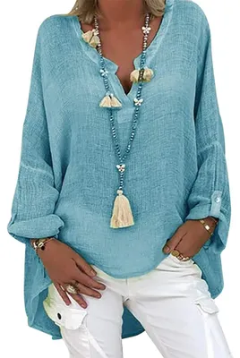 Produktbild von Tincini Leinenbluse Damen Bluse Sommer Tunika V-Ausschnitt Longbluse Große Größen Leinenhemd Blusenshirt Langarmshirt Leinen Baumwolle Hemd Oberteile Shirt (A Blau, L)