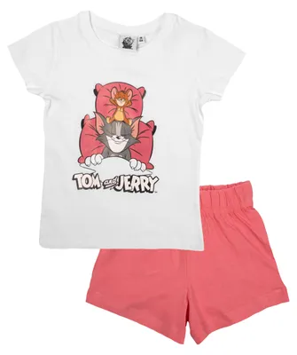 Produktbild von Tom & Jerry Schlafanzug für Mädchen Kinder Pyjama Set kurzarm Oberteil mit Hose Weiß/Rosa 98-104