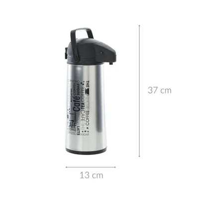 A silver and black insulated bottle with text graphics on a white background, with dimensions indicated.
