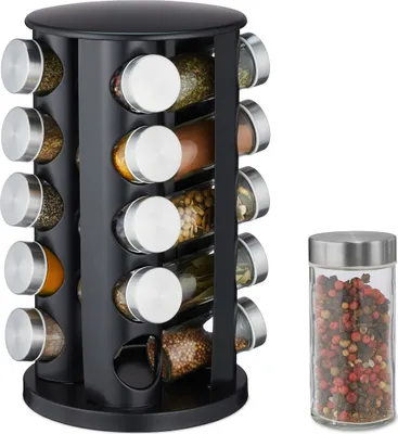 Produktbild von Relaxdays Gewürzkarussell, 20 Gewürzgläser, 80ml, mit Streueinsatz, drehbar, nachfüllbare Gewürzbar, Edelstahl, schwarz
