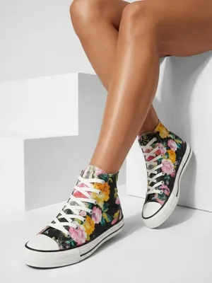 Produktbild von Schwarze Sneaker mit Blumenmuster und weißer Sohle, Größe 36