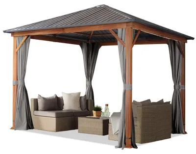 Immagine prodotto di TOOLPORT Gazebo da giardino 3x3 m look legno, tetto Hardtop in acciaio, 4 teli laterali color grigio