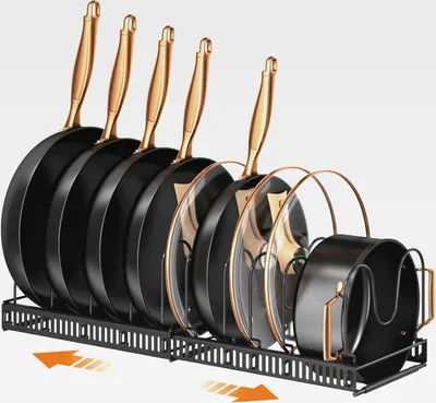 Produktbild von Töpfe und Pfannen Organizer, Erweiterbarer Küchenschrank Organizer mit 10 Verstellbaren Fächern Ideal für Schneidebretter, Gusseisenpfannen und Kochzubehör Topfdeckelhalter, Schwarz