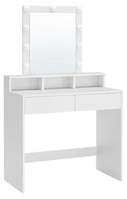 Produktbild von Weißer Schminktisch mit Spiegel, 2 Schubladen, 3 Fächern, Beleuchtung – 80 x 40 x 145 cm