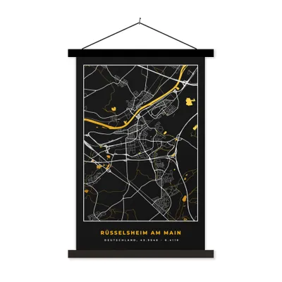 Produktbild von MuchoWow® Textilposter Schwarz und Gold - Stadtplan - Rüsselsheim am Main - Deutschland - Karte 120x180 cm mit schwarzem Rahmen - Fotos