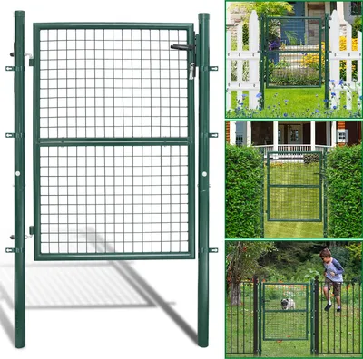 A collage of images showing a green metal garden gate in different settings, including a close-up of the gate, a gate in a garden with a white picket fence, and a gate in a yard with a child and a dog.