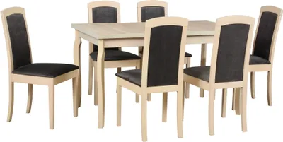Produktbild von Esstischgarnitur, Esszimmerstühle aus Buchenholz, Esstischen und Stühlen, moderne Esszimmer- und Küchenstühle, Esstischmöbel, Esstisch mit Stühle - Set 6x Stuhl ROMA 8 SONOMA Tisch ALBA 5