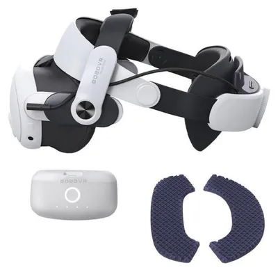 A product shot of a VR headset accessory and its components against a white background.
