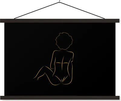 Produktbild von MuchoWow® Textilposter Frau - Schwarz - Gold - Strichzeichnung 60x40 cm mit schwarzem Rahmen - Hölzernes