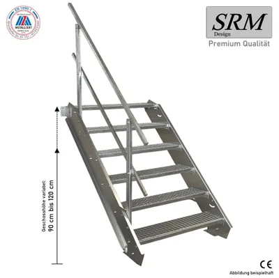Immagine prodotto di scala in acciaio a 6 gradini su un lato. Larghezza ringhiera 100 cm Altezza pavimento 90-120 cm