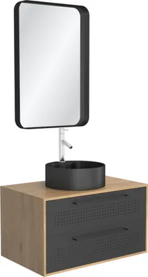 Image de Meuble de Salle de Bains 80 cm, Vasque Ronde et Miroir - Chêne naturel et Noir Mat - UBY