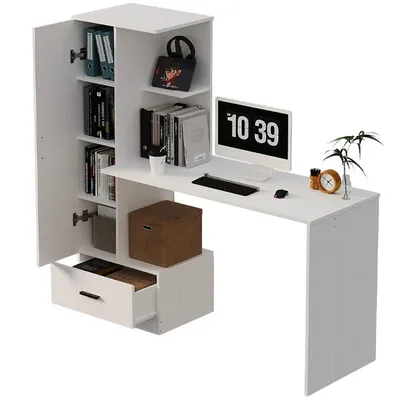 Obrázok produktu pre Počítačový Stôl S Regálom – 142 Cm, Biely, Moderný Loftový  Do Kancelárie A Izby