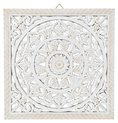 Produktbild von Wanddeko Ornament shabby weiß zum Aufhängen - 40 cm quadratisch - Vintage Wandbild aus Holz - Landhaus Fensterdeko