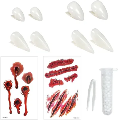 Obrázok produktu pre Vampírske zuby - 4 páry, súprava na Halloween, lepidlo na zuby - 4 veľkosti, súprava vampírskeho chrupu