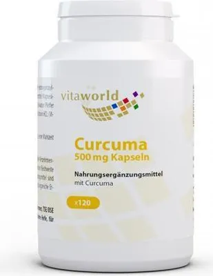 A white bottle of Vita World Curcuma dietary supplement capsules.