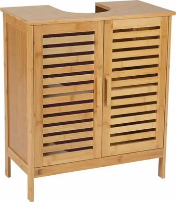 A wooden bathroom vanity cabinet with slatted doors and a cutout top for a sink.