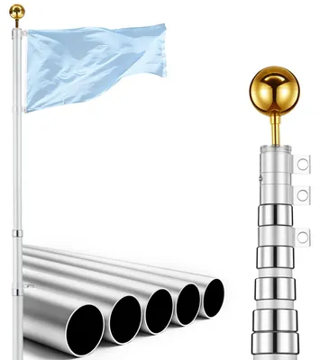 Produktbild von Fahnenmast Teleskop 9,14 m - Flaggenmast-Set für Außenbereich - Ausziehbare Aluminium-Fahnenstange Extra Stabil - Mit PVC-Bodenhülse - Für Garten & Gewerbe - Silber