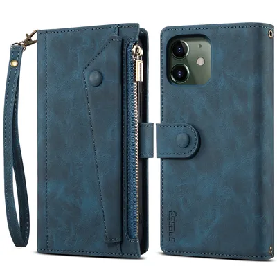 Obrázek produktu pro Ochranné pouzdro pro iPhone 11, kožené pouzdro na zip, skládací peněženka s přihrádkou na karty, stojánek a poutko modré