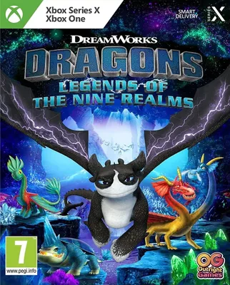 The image is the cover art for the video game 'Dragons: Legends of The Nine Realms'. It features several cartoon dragons in a fantastical, glowing environment.