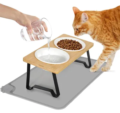 Produktbild von Set aus 2 ergonomischen erhöhten Futterstationen für Katzen mit Silikonmatte