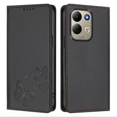 Image de Étui en cuir pour Xiaomi Redmi 17 4G/5G, avec motif papillon, type portefeuille rabattable avec support. Couleur : noir