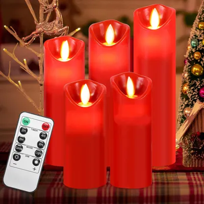 Produktbild von Peviasot LED Kerzen Echtwachskerzen 5er Set 20 / 18 / 16 / 14 / 13 cm - mit Fernbedienung Timer dimmbar flackernd warmweiß verschiedene Höhen Rot