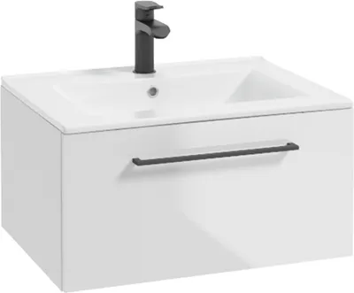 Produktbild von Badezimmer Waschtisch in weiß Hochglanz lackiert mit Metallgriff in schwarz und Keramikwaschbecken MESSINA-107, B/H/T ca. 60/32/46 cm