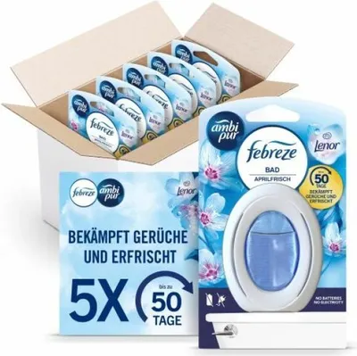 A cardboard box filled with Febreze air fresheners, with a single unit and a promotional card in the foreground.