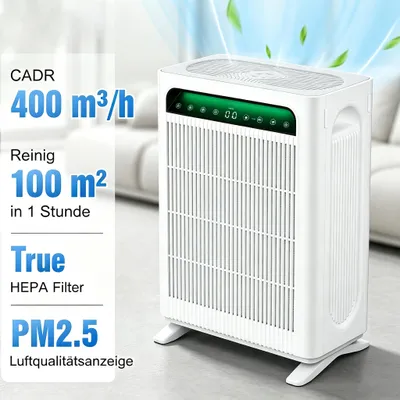 Produktbild von KNKA pro Luftreiniger mit Dual-HEPA-Filter für Allergiker, CADR 384–415 m³/h, große Räume bis 100 m², PM2.5 LED-Farbanzeige, schnell & leise 22–24 dB