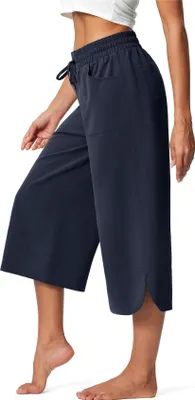 Obrázek produktu pro ASKSA Dámské 3/4 kalhoty Capri kalhoty s širokou nohavicí Letní kalhoty Jogging kalhoty Pohodlné palazzo Elegantní ležérní kalhoty Volné tepláky na jógu s kapsami (námořnická modrá,M)