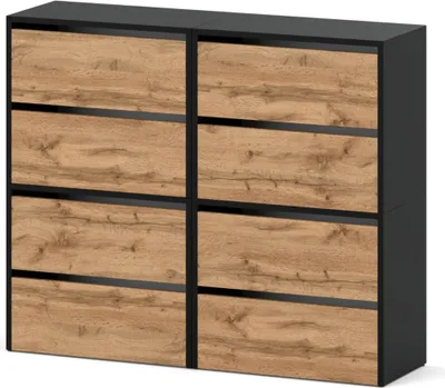 A modern shoe cabinet with a black frame and wood-effect doors.