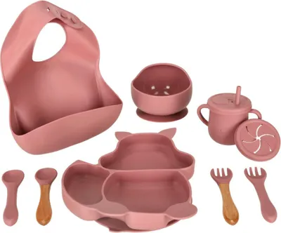 Produktbild von Kindergeschirr aus Silikon Eichhörnchen 9-teiliges Set dunkelrosa