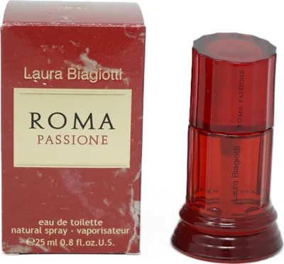 Produktbild von Laura Biagiotti Roma Passione, Frauen, 25 ml, Nicht nachfüllbare Flasche, Schwarze Johannisbeere, Grapefruit, Mandarine, Jasmin, Rose, Weiße Pfingstrose, Bernstein, Moschus, Tonka-Bohne, Vanille