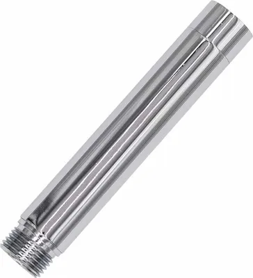 A silver-colored shower arm extension on a white background.