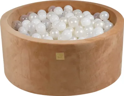 Produktbild von MeowBaby Runder Trockenballpool 7 cm für Babys 90 x 40 cm/300 Bälle, Supersoft Samt, Karamell: Weiß/Perlweiß/Transparent