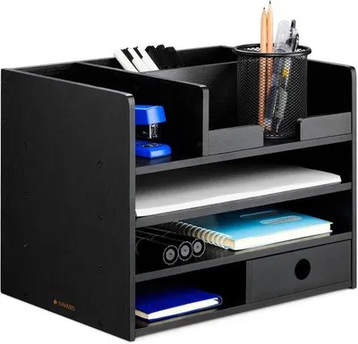 Produktbild von Famanu Büro Organizer Holz mit Schublade - 33 x 24 x 26 cm - Ideal für Bürobedarf und Dokumente - Umweltfreundliches Bambus